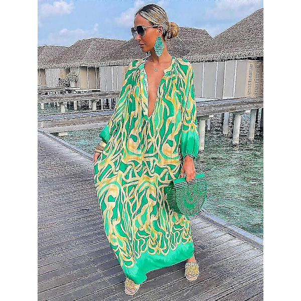 Dame Vintage Maxi Kjoler 2023 Sommer Sexet Dyb V-hals Langærmet Boho Print Lange Kjoler Kvinde Strand Cover Up Elegant Robe