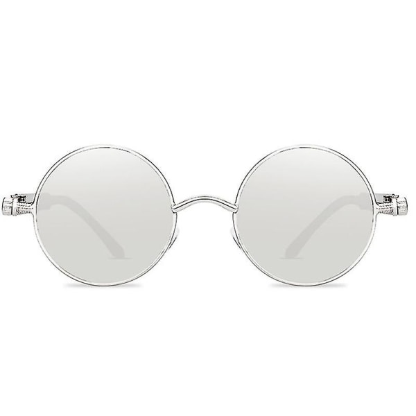 Vintage Polarisoidut Steampunk-aurinkolasit Miesten Pyöreät aurinkolasit Tyylikkäät Silver Frame and Lenses