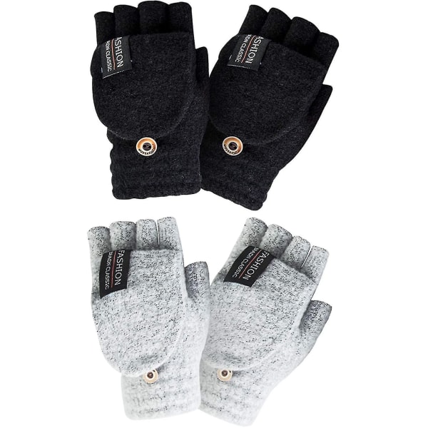 Vinterhansker for kvinner, 2-pakk varm ullstrikkede konvertible fingerløse hansker for kvinner gaver med votter.