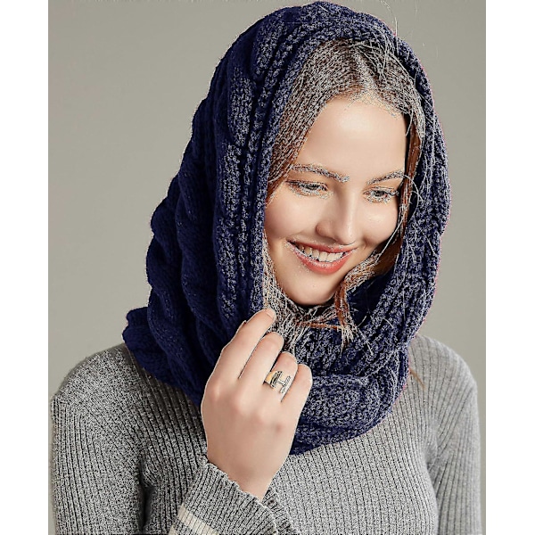 Damers Tykk Ribbestrikket Vinter Infinity Circle Loop Skjerf Premium Twist Navy Blue
