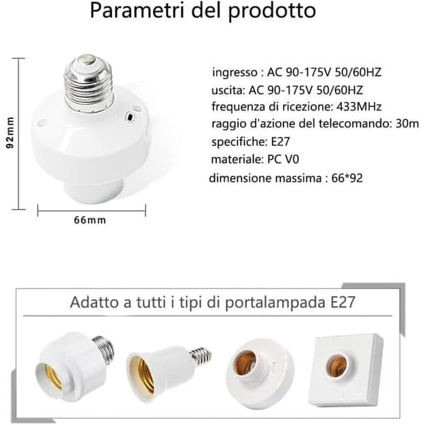 E27 trådløs fjernkontrollampe – RF-bryter med 30/60 minutter timer – Rekkevidde opptil 30 meter – Kompatibel med LED- og glødepærer