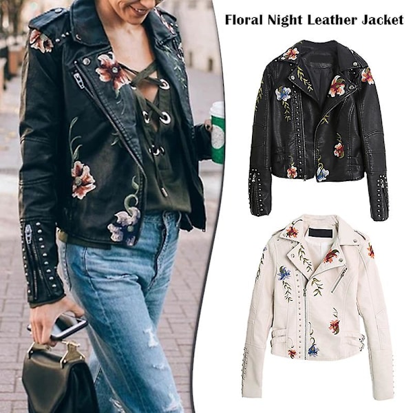 Floral Night Læderjakke Dame Faux Læderjakker Casual Kort Frakke til Forår Efterår og Vinter