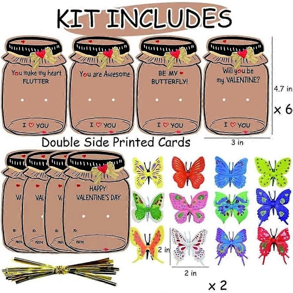 Alla hjärtans dag-kort för barn, 24-pack Glad Alla hjärtans dag-kort med fjärilar, Roliga Alla hjärtans dag-presenter för klassrummet, 3D Alla hjärtans dag-kort för barn för skolan