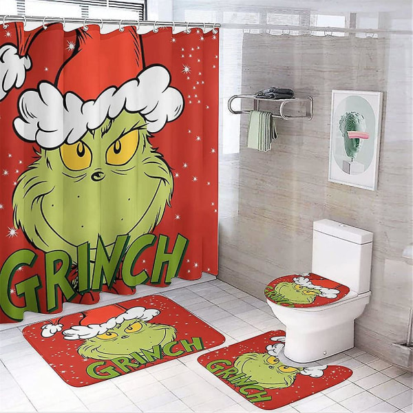 Home Decor 4stk/sett Christmas The Grinch Printed Dusjgardin Badeteppe Toalettlokk Deksel Gulvmattesett A