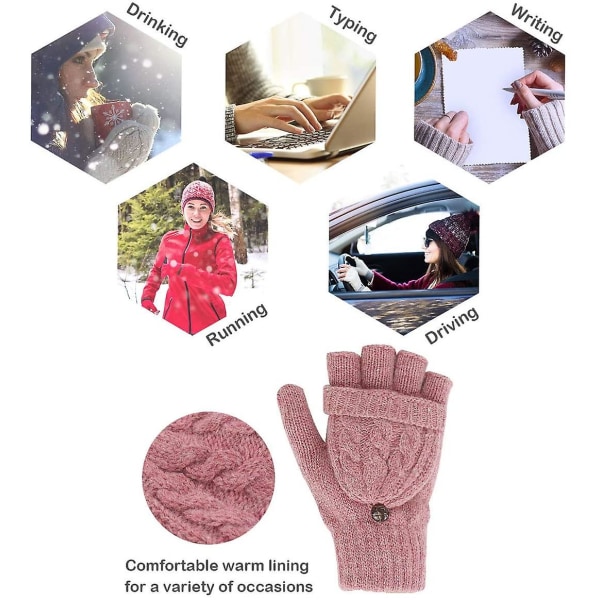 Damhandskar Fingerless Mittens - Damhandskar Winter Warm Knit Fingerless Handskar Ull Vantar Flap Cover Texting Glovepink