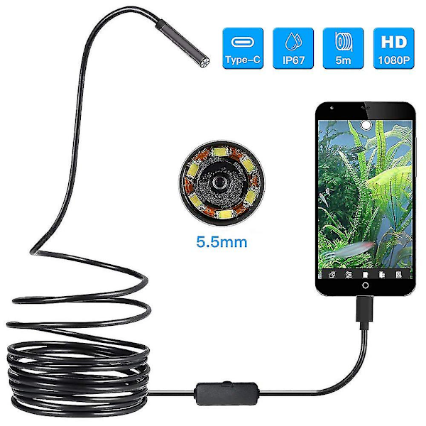 USB-borrskop, Inspektionskamera Borrskop 1200p 3 i 1 HD, Vattentät Ormkamera, Rördränering med 8 Justerbara LED-lampor