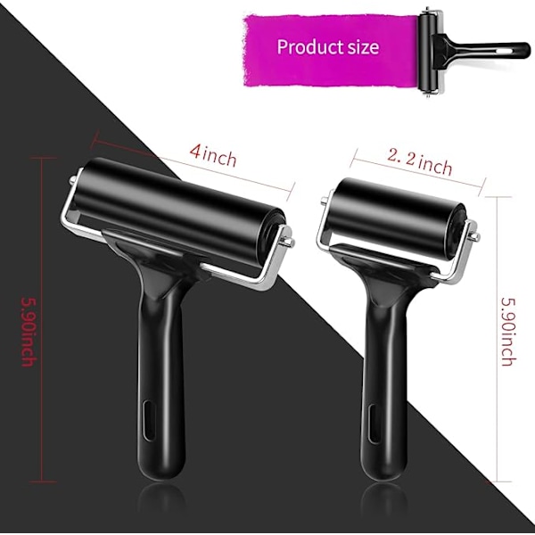 2 st Gummi Roller Brayer Rollers Hård Gummi 4 och 2,2 Tum för Tryckning (Svart)