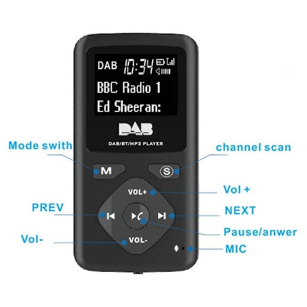 DAB/DAB+ Digitalradio Bluetooth 4.0 Personlig Lomme FM Mini Bærbar Radio Hodetelefon MP3 -USB