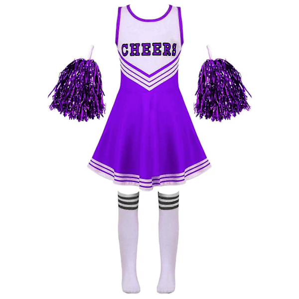 Tyttöjen cheerleading-asu tanssipuku lasten cheerleader-asu pyöreällä pääntiellä tilkkutyylinen tanssimekko kukka ja sukat 7-8 Years purple