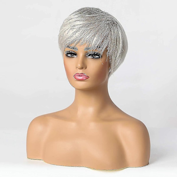 Kort Silvergrå Hårförlängning av Människohår för Kvinnor, Naturlig Pixie Cut Peruk, Lättviktig/Andningsbar/Mjuk (färg 101)
