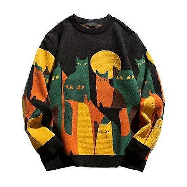 Herr Vinter Höst Tröja Färgmatchande Rund Hals Katt Tryck Tjock Stickad Mjuk Varm Långärmad Pullover Mellanlång Unisex Par Tröja L black