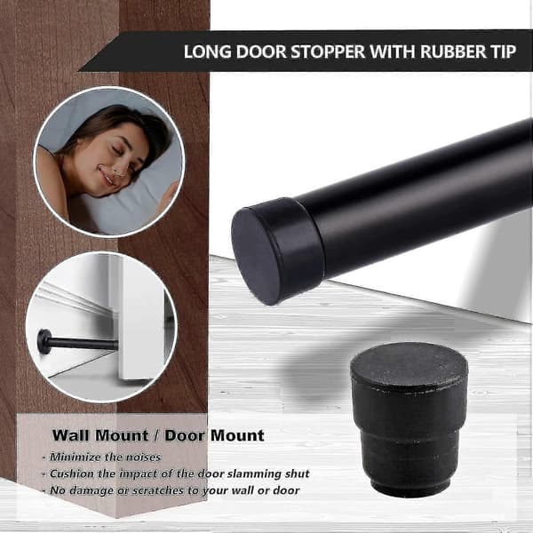 Dørstoppere, 15 cm lang dørstopper, veggmontering, kraftig solid svart dørstopper børstet rustfritt stål med myke gummistøtfangertupper black 6 Inch