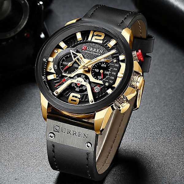 Afslappede sportsure til mænd luksus militær læder armbåndsur herreur mode kronograf armbåndsur gold black box
