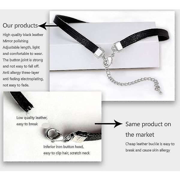 Sort Læder Punk Choker Premium Sort Vegansk Læder Choker og Halskæde med Elegant Vedhæng