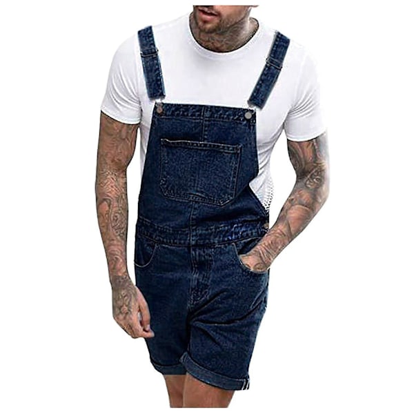 Miesten rento muodikkaat yksiväriset rinta taskulliset farkku repaleiset shortsit suorat housut Dark Blue M