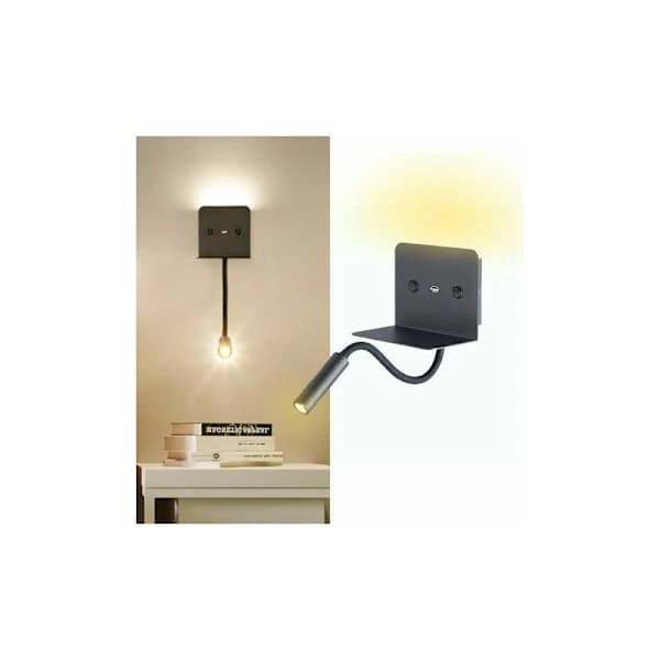 Væglampe + 3W LED læselampe med USB-port Sort - Sort