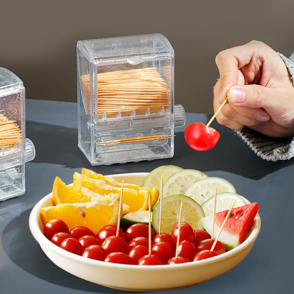 2 Stycken Tandpetare Dispenser Kreativ Klar Knopp Switch Akryl Tandpetarhållare Automatisk Tandpetare Låda för Bord Kök Hem Restaurang Fest