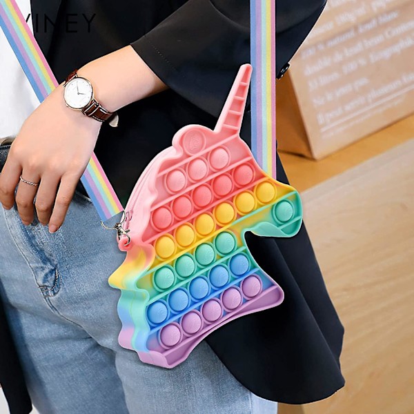 Pop Axelväska Fidget Leksak Regnbåge Enhörning Pop Fidget Väska Leksak Silikon Pop Bubbla Sensorisk Fidget Leksak Skolmaterial Födelsedagsfest Favörer för Flickor