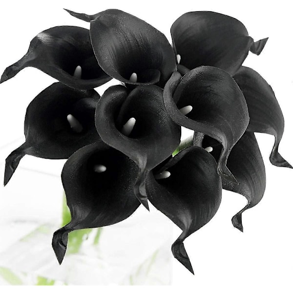 10 stjälkar Real Touch Calla Liljor Konstgjord Blombukett, Perfekt för Bröllop, Brud, Fest, Hemmakontor Dekor DIY (Svart)