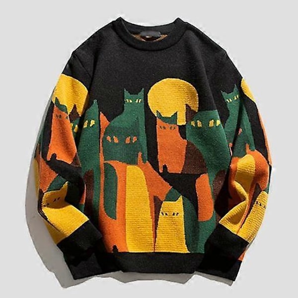 Herr Vinter Höst Tröja Färgmatchande Rund Hals Katt Tryck Tjock Stickad Mjuk Varm Långärmad Pullover Mellanlång Unisex Par Tröja L light khaki
