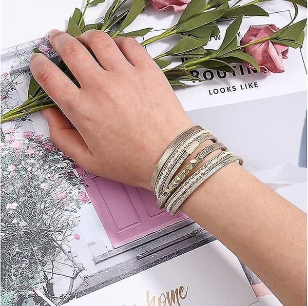 Nahkarannekorut naisille, Boho Leopard monikerroksinen kristallikoru rannekoru