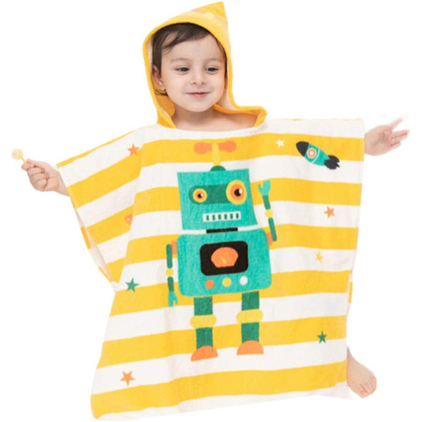 Kids Bath/Pool/Beach Hooded Poncho Towel-Cartoon Animal Pattern Cotton Beach Towel for Baby and Kids Robot