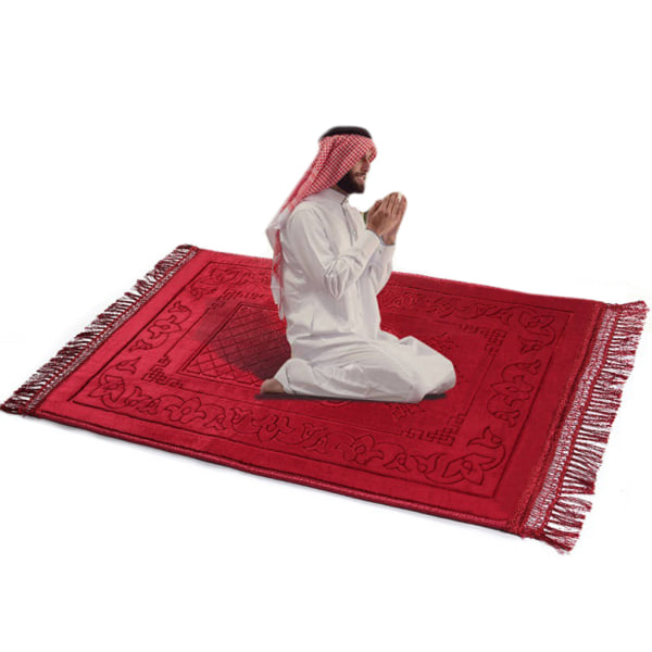 Bärbar muslimsk bönematta 3D-präglad blommig tjock sammet plysch bönmatta Enfärgad tofs Turkisk islamisk filt Red - 3