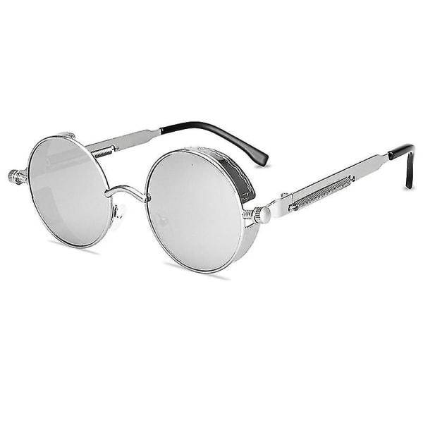 Vintage Polarized Steampunk Solbriller Herre Runde Solbriller Stilfuld Silver Frame and Lenses
