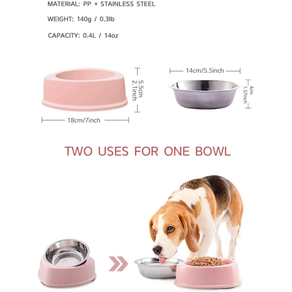 2 STK Katte Skåle Hunde Skåle£¬Rustfrit Stål Katte Madskåle Skridsikre Hunde Skål Kæledyrsartikler (Dobbelt pink)