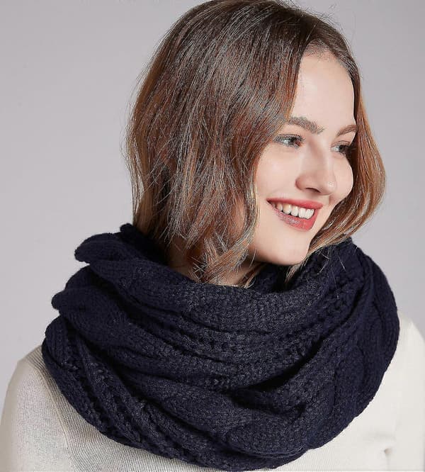 Dame Tyk Ribstrikket Vinter Infinity Circle Loop Halstørklæde Premium Twist Navy Blue
