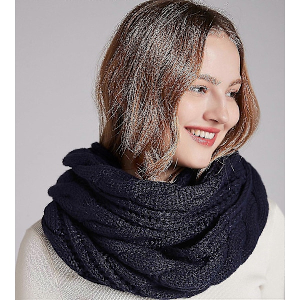 Damers Tykk Ribbestrikket Vinter Infinity Circle Loop Skjerf Premium Twist Navy Blue