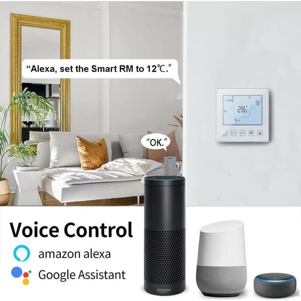 WiFi Termostat til Gaskedel/Vandgulvvarme, 3A, Kompatibel med Alexa og Google Home, Programmerbar, Hvid