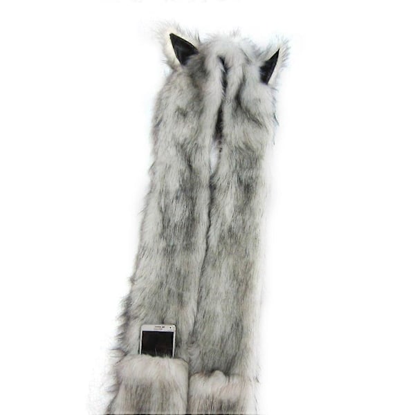 3 i 1 Faux Fur Hætte Hat Halloween Kostume Hat Dyre Cos Hovedbeklædning Hue med Handsker Langt Tørklæde til Kvinder Piger