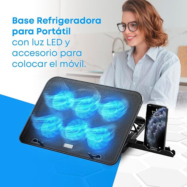 Laptop Køleplade - 12-17 Tommer Laptop Køleplade med 5 Justerbare Højdestativer, 6 Støjsvage Blæsere, 2 USB-porte, Hurtig Køling, Blåt LED-lys - Sort