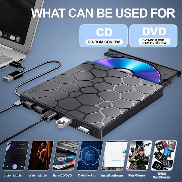 Monitoiminen ulkoinen optinen asema DVD-kirjoitin 7 in 1 USB3.0TYPE voidaan liittää ulkoiseen U-levyyn ja sitä voidaan laajentaa kortin avulla