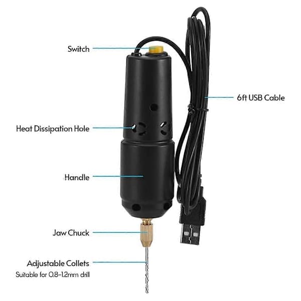 Miniature borebits til smykkefremstilling, USB elektrisk borebitsæt, inkluderer 10 borebits fra 0,8 til 1,2 mm.