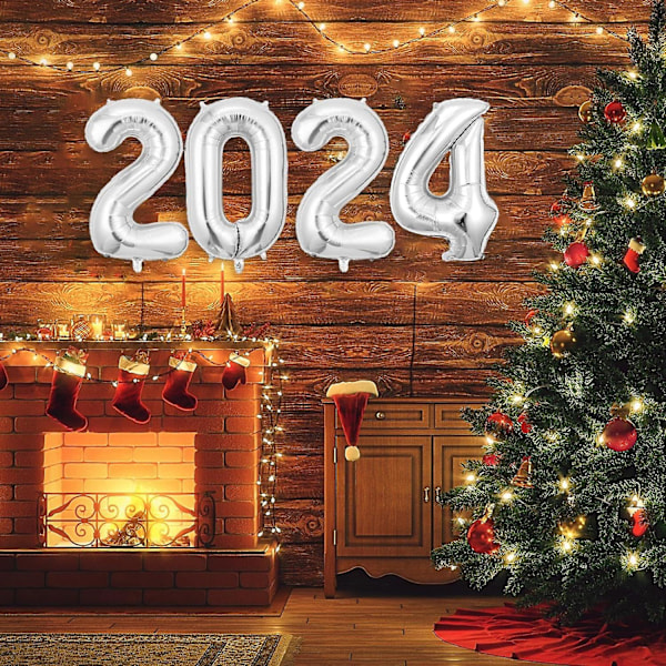 2024 Nytårsballoner, 40 tommer Nummerballoner - Æstetiske Kæmpe Universal 2024 Nytårsballoner Til Festartikler (Sølv)