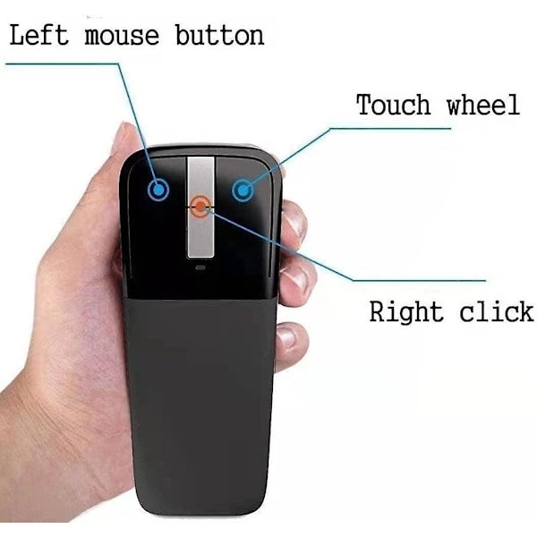 2.4G Arc Touch Mus Slim och ortabel Mini Trådlös Datormus, Lägre Ljudnivå, Vikbar Ergonomisk Optisk Mus för Bärbar Dator Surfplatta (Svart)