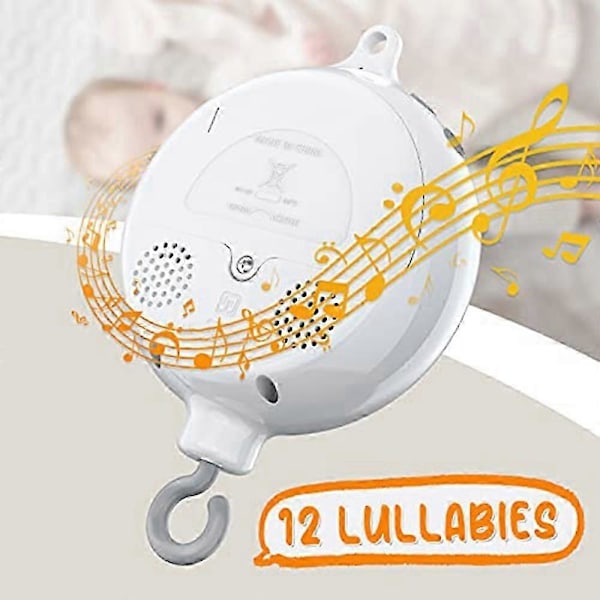 Spjälsängsmobilmotor Babymusikbox Spinner med 3 lägen Volymjusterbar 12 vaggvisor Automatisk avstängning efter