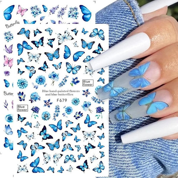 Fjärils Nagelkonst Klistermärken Dekaler 3D Självhäftande Nageldekaler Nagelkonst Tillbehör Färgglada Fjärilsblommor Nagelklistermärken för Akryl Naglar Design Ma