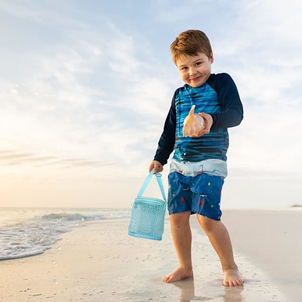 Børne Seashell Mesh Taske Strandlegetøj Cylinder Shell Taske Seashell Samlingspose med Lynlåse og Justerbar Rem til Børn Blå