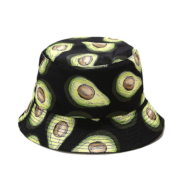 Unisex Vendbar Avokado Print Bøttehatt Solhatt For Menn Kvinner A Black