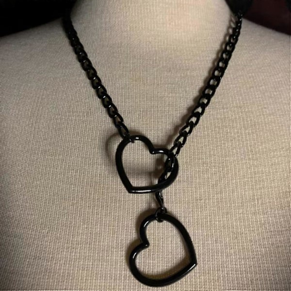 Hjärtformad O-ring Slip Chain Halsband för Kvinnor Rostfritt Stål Kubansk Kedja Hjärtformad Halsband Punk Rock Krage Halsband Handgjort Justerbart Lariat Y Halsband Black