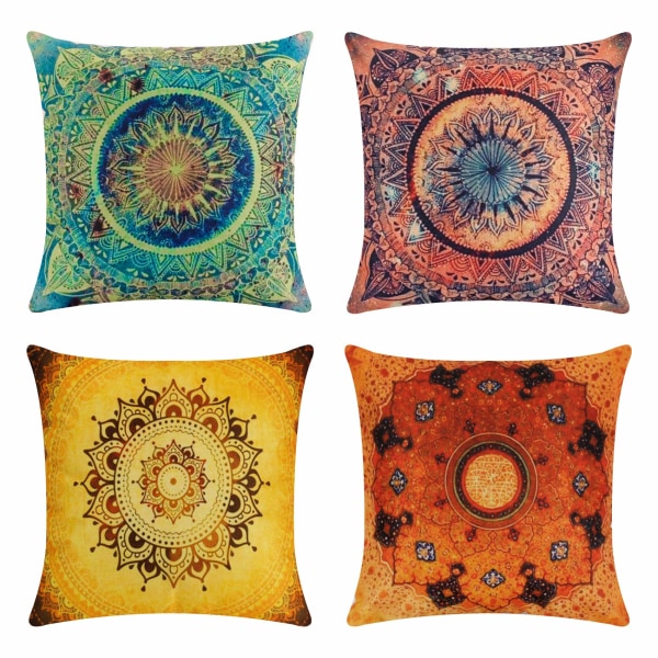 Set med 4 kuddfodral, indiska bohemiska mandala blommönster örngott（45 x 45 cm）