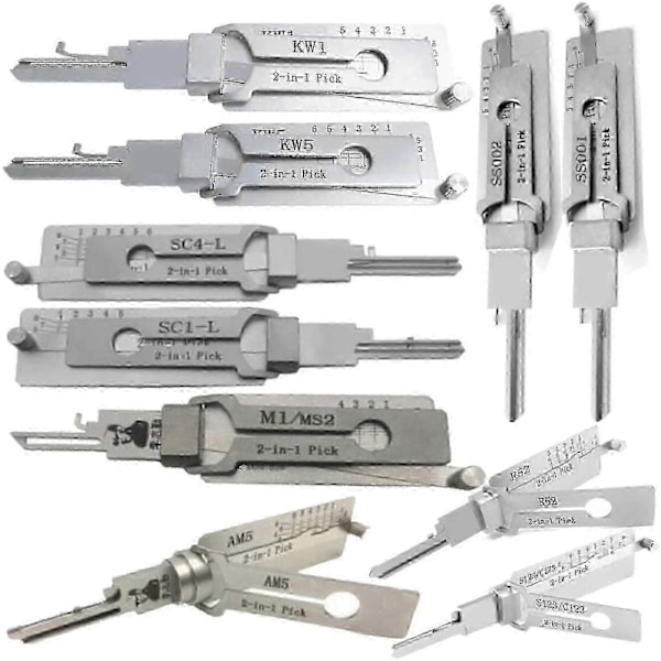 2-i-1 Lishi-verktyg för Sc1 Sc4 Kw1 Kw5 Am5 M1/ms2 Ss001 Nsn14 Cy24v.2 Fo38 Gm37 Gm39 S5002