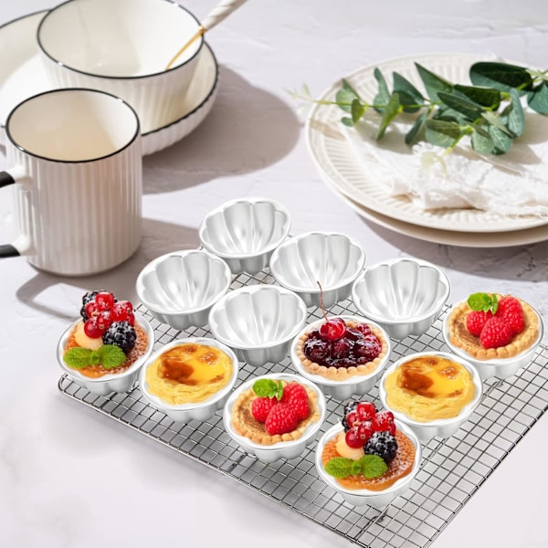 12 stk. Æggetærteforme, Pudding Jellyforme i aluminiumslegering, Genanvendelige kage-, tærte-, cupcake- og muffinforme til bagning, Blomsterform, Non-stick