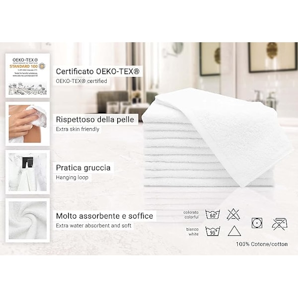 10 gjestehåndklær - lite, mykt håndkle 30x50 cm - vaskbart på 95°C - bomull - hvit - hotellkvalitet - Oeko Tex® sertifisert