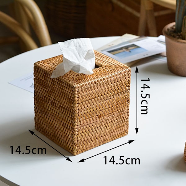 Rattan Tissue Box Cover Square, Handvävd Tissuehållare i Rotting, 14 x 14 x 14,5 cm, Natur
