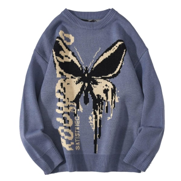 Dame sweater Butterfly Jacquard Løs Casual Pullover Blue XL