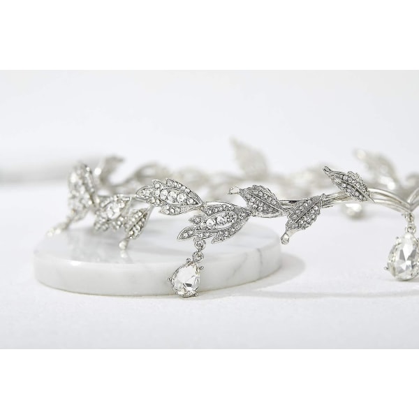 Rhinestone Leaf Bryllupskrone pannebånd for bruder, krystall hengende tiara pannebånd til bryllupsball fødselsdag, sølv